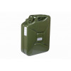 Kovový kanystr slouží k přepravě pohonných hmot. Barva zelená.